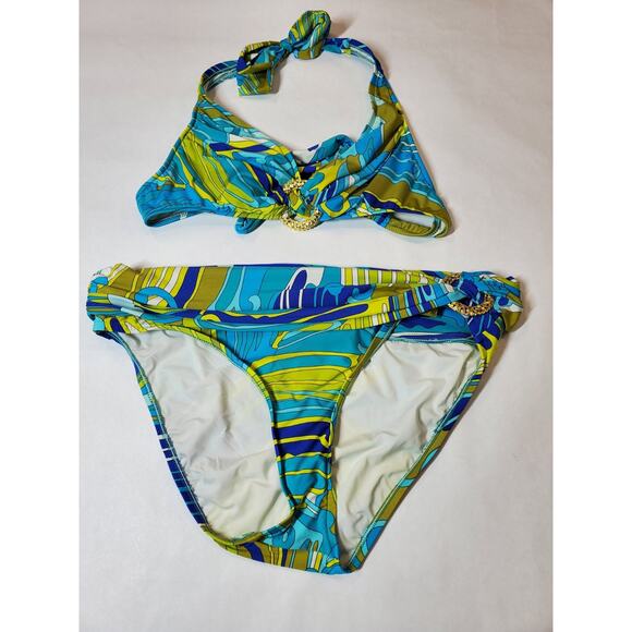 Trina Turk Bikini Swim Suit Womens 12 Bali Waves Resort Wear Colorful Gold - Picture 10 of 11